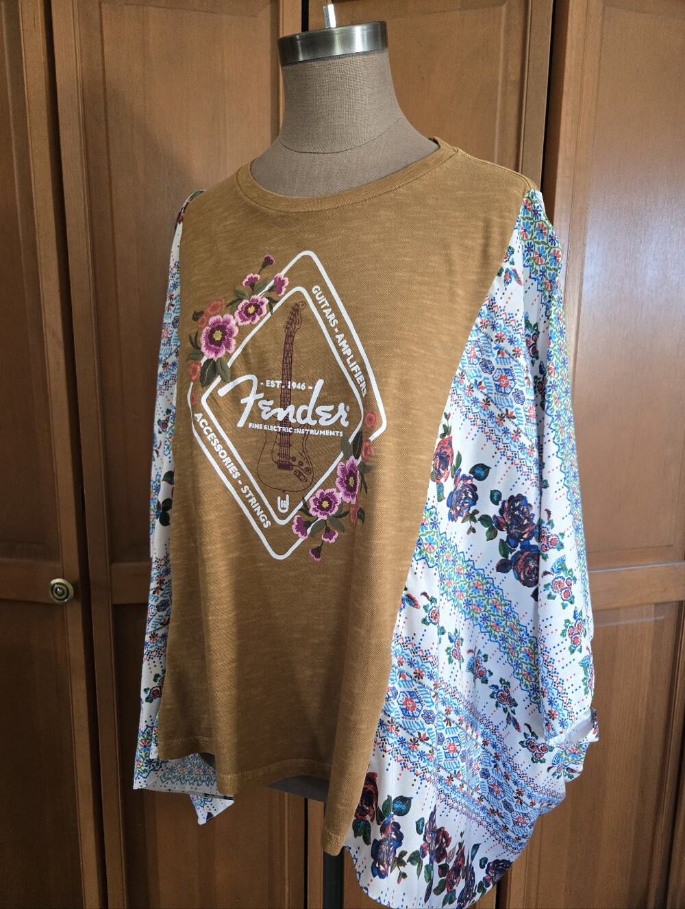 Fender Mustard Graphic Tee with White Floral Kimono Sleeves